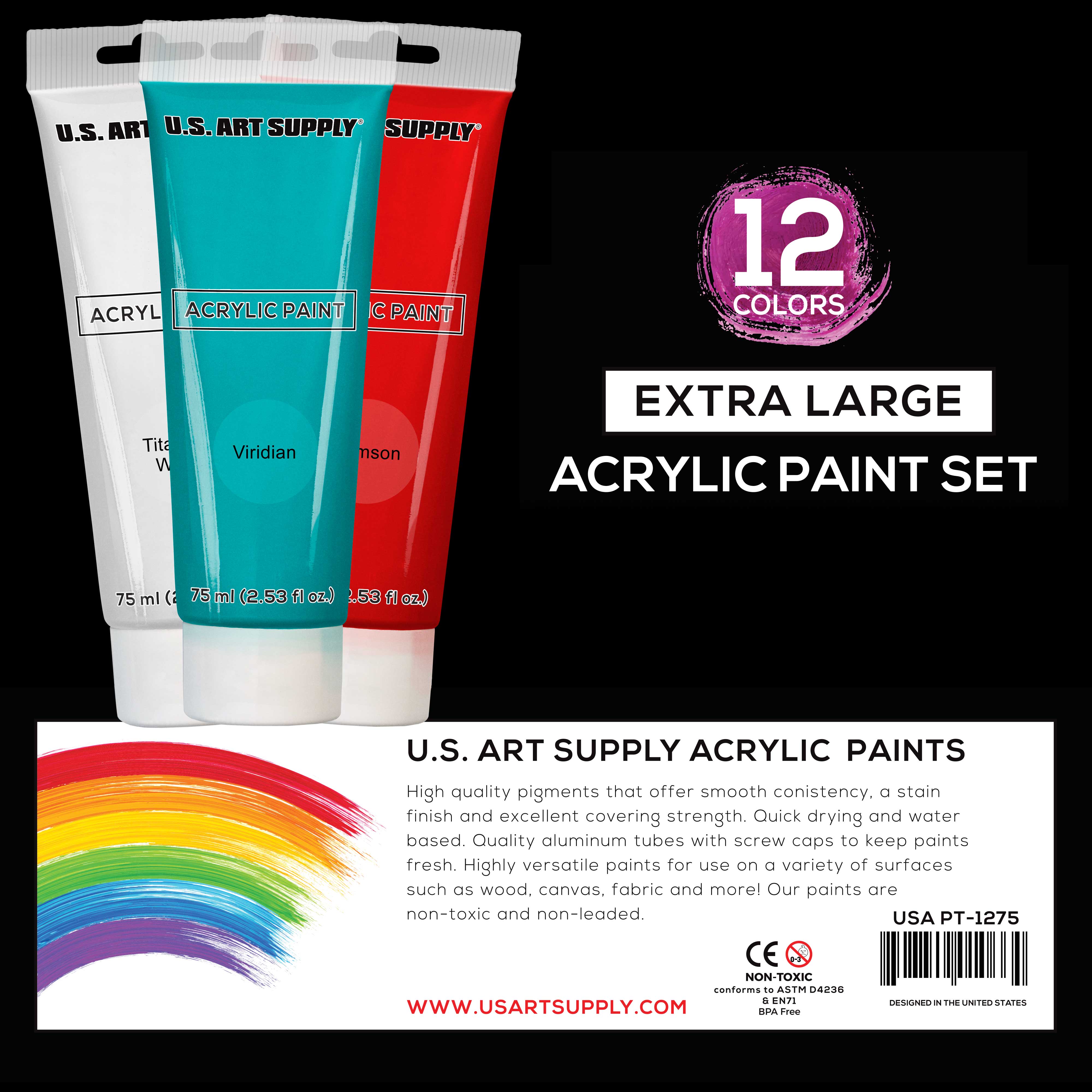 U.S. Art Supply Professional 12-Color Acrylic Paint Set, 75ml Tubes photo 3