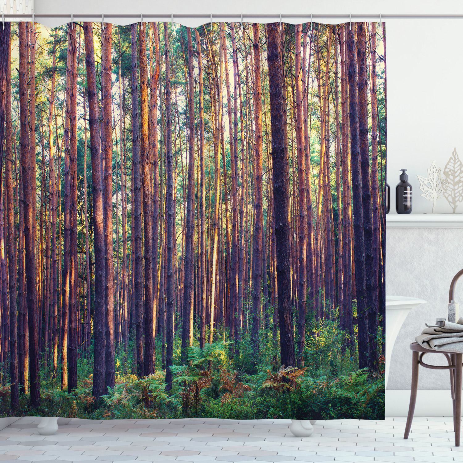 Forest Shower Curtain, Forest in the Morning Tall Trees Trunks Greenery