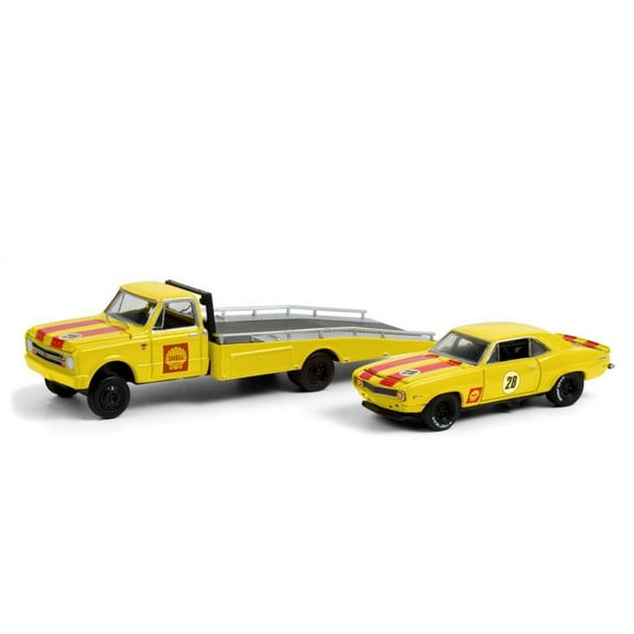 1967 Chevy C-30 Ramp Truck and 1969 Camaro #28 Shell Oil, Yellow and Red - Greenlight 33200A/48 - 1/64 scale Diecast Model Toy Car