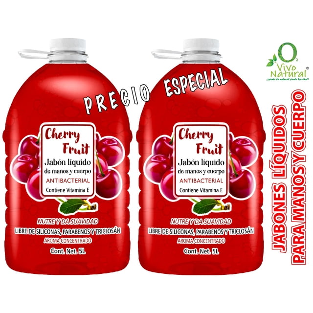 Twin Pack Cherry Fruit VivoNatural Jabón Líquido Antibacterial para manos y cuerpo 5 litros