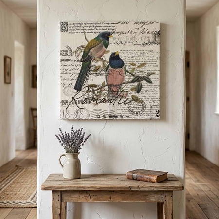 Ships Next Day Canvas Wall Art 8 x8 Vintage Birds Wood Framed Canvas Print Painting Country Envelope Postmark Farmhouse Botancial Ready to Hang Small Picture Wall Decor for Bathroom Nursery Kitchen