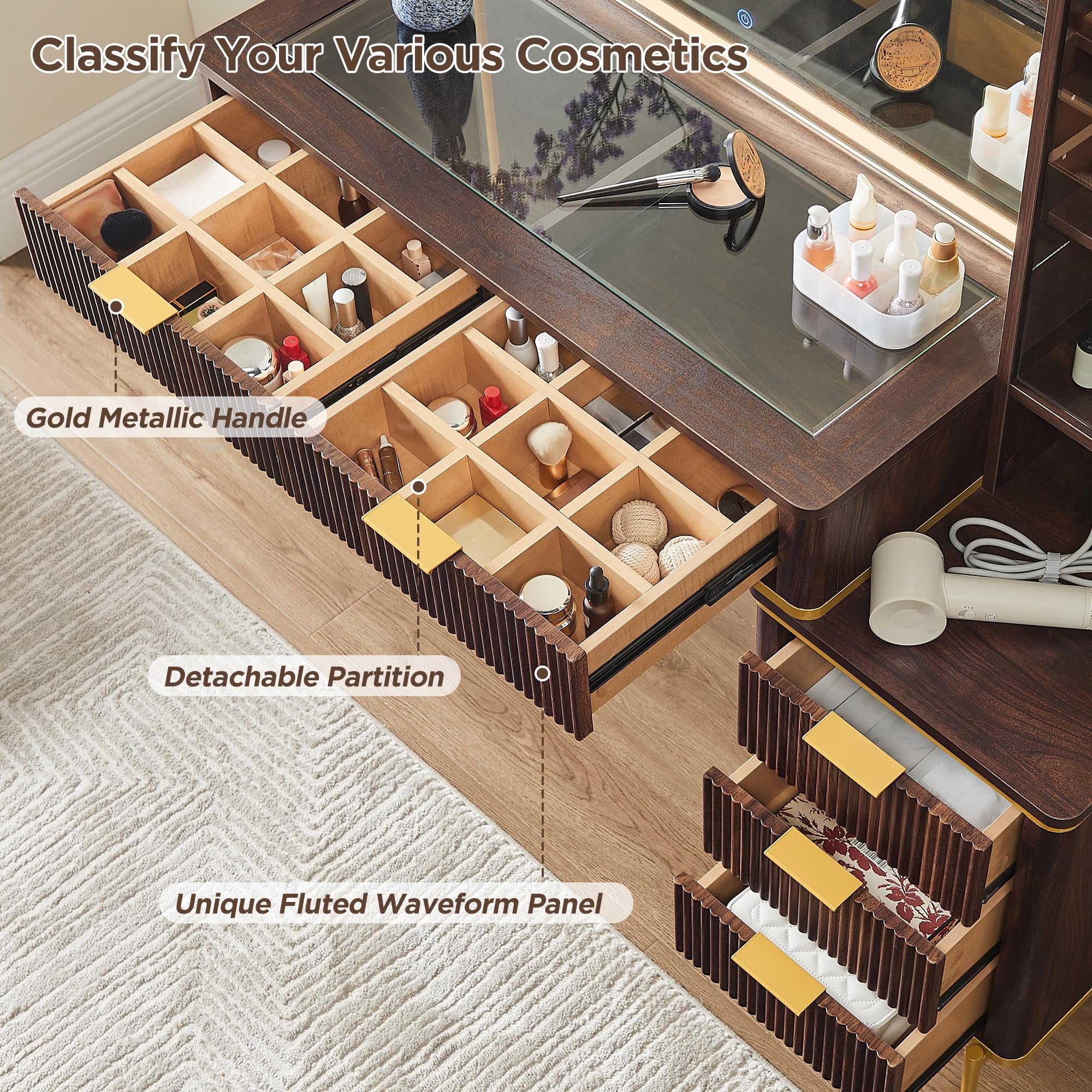 OKD Makeup Vanity Table with Lights and Mirror, Vanity Desk with 5 Drawers and Charging Station for Bedroom,Dark Walnut
