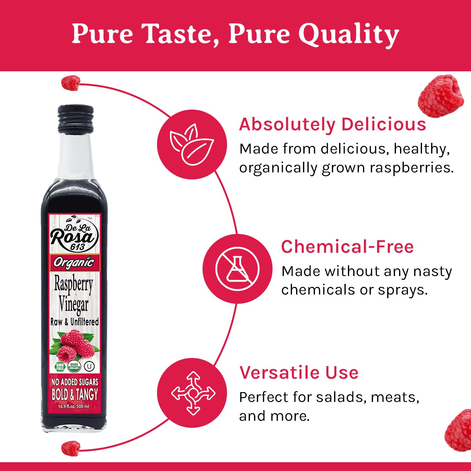 De La Rosa613 Organic Raspberry Vinegar, Raw & Unfiltered, Kosher for Passover, 16.9 Oz (Pack of 2)