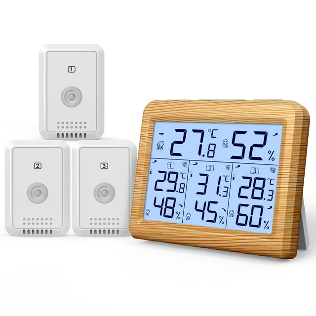 ORIA Thermomètre Intérieur Extérieur avec 3 Capteurs Sans Fil, Hygromètre Thermomètre Numérique, Brun