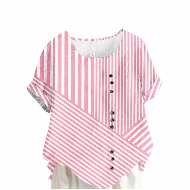 Camisas de Manga Corta para las Mujeres Moda Casual de Manga Corta Cuello Redondo Cómodo Botón de Blusa de Lino Regular Top de Verano de Manga Corta para las Mujeres