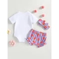 thumbnail image 3 of Wassery 3Pcs Baby Girls Summer Jumpsuit Outfit Short Sleeve Letter Print Romper and Elastic Ruffled Shorts Headband Set 3M 6M 9M 12M 18M Infant Casual Clothes, 3 of 9