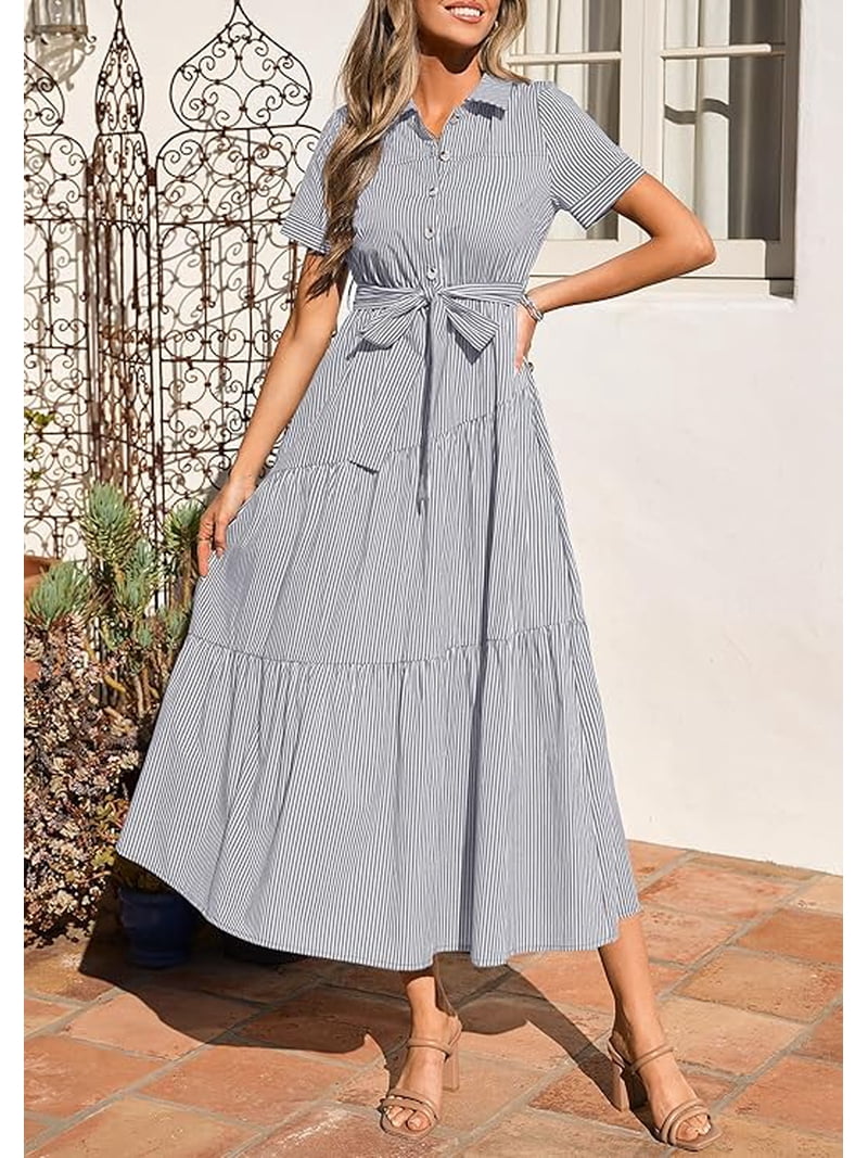 a line spring dresses PRETTYGARDEN Women's Summer Maxi Button Up Shirt Dress Short Sleeve Striped Long Flowy Elegant satin gown