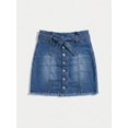 thumbnail image 3 of High Waisted Denim Mini Skirt With Button Front And Tie Waist Medium Wash, 3 of 6