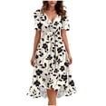 thumbnail image 2 of Smsaxvxz Dresses for Women Fashion Floral Printed V Neck Short Sleeve Bandage Pleated Knee Length Sundress Beach Summer Dresses Khaki XL, 2 of 7