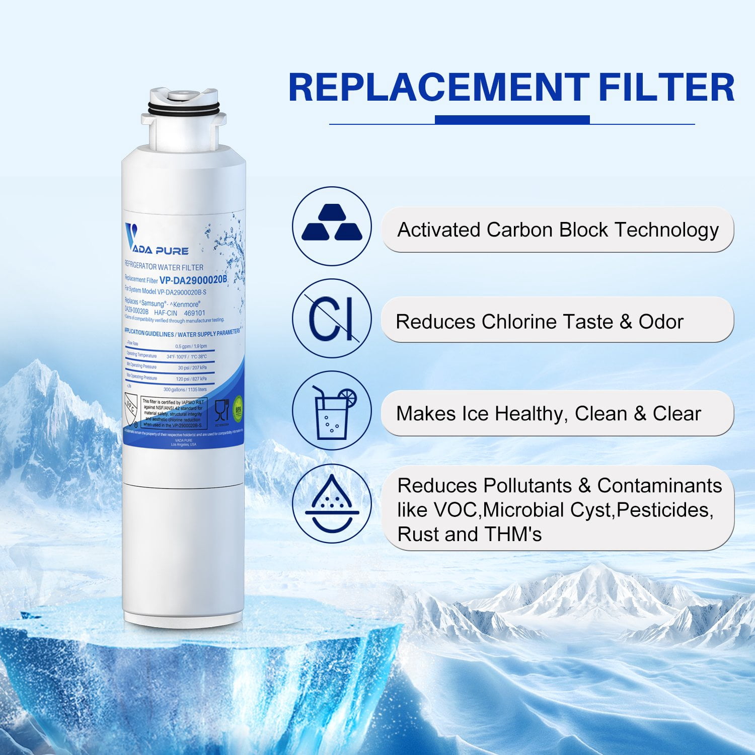 Vada Pure DA29-00020B Refrigerator Water Filter for Samsung HAF-CIN, HAF-CIN/EXP, Model DA2900020B, Advanced Metal and Chlorine Filtration, Eliminates Odors, Improves Taste - Pack of 2