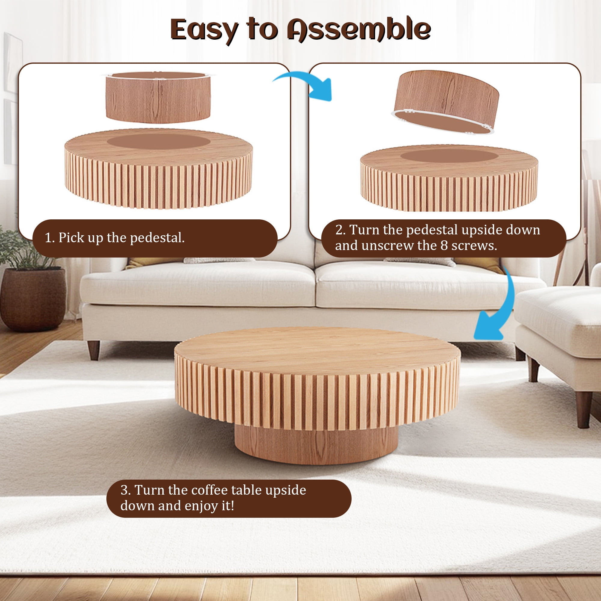 FFH 31.5" Round Coffee Table for Living Room,Rustic Modern Coffee Table with Sturdy Pedestal,Nature Wood Handcraft Corner Coffee Table,Circle Side Table Centre Table for Apartment,Nature