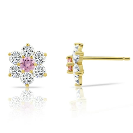 Tilo Jewelry 925 Sterling Silver & Gold Plated Flower Stud Earrings with Pink Tourmarine Simulated Birthstone and Cubic Zirconia CZ Stones | October | Women & Unisex
