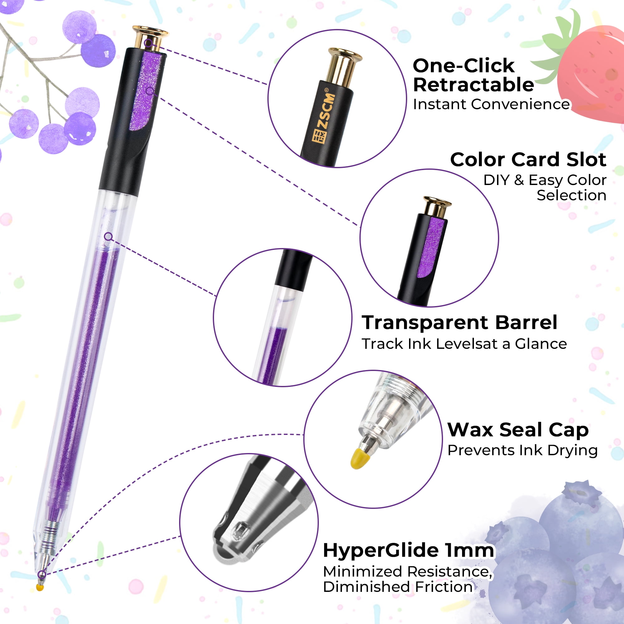 ZSCM Retractable Gel Pen for Adult Coloring, 60 Colors Large Capacity Multicolor Gel Ink Pens for Adult Coloring Book Note Taking Art Supplies