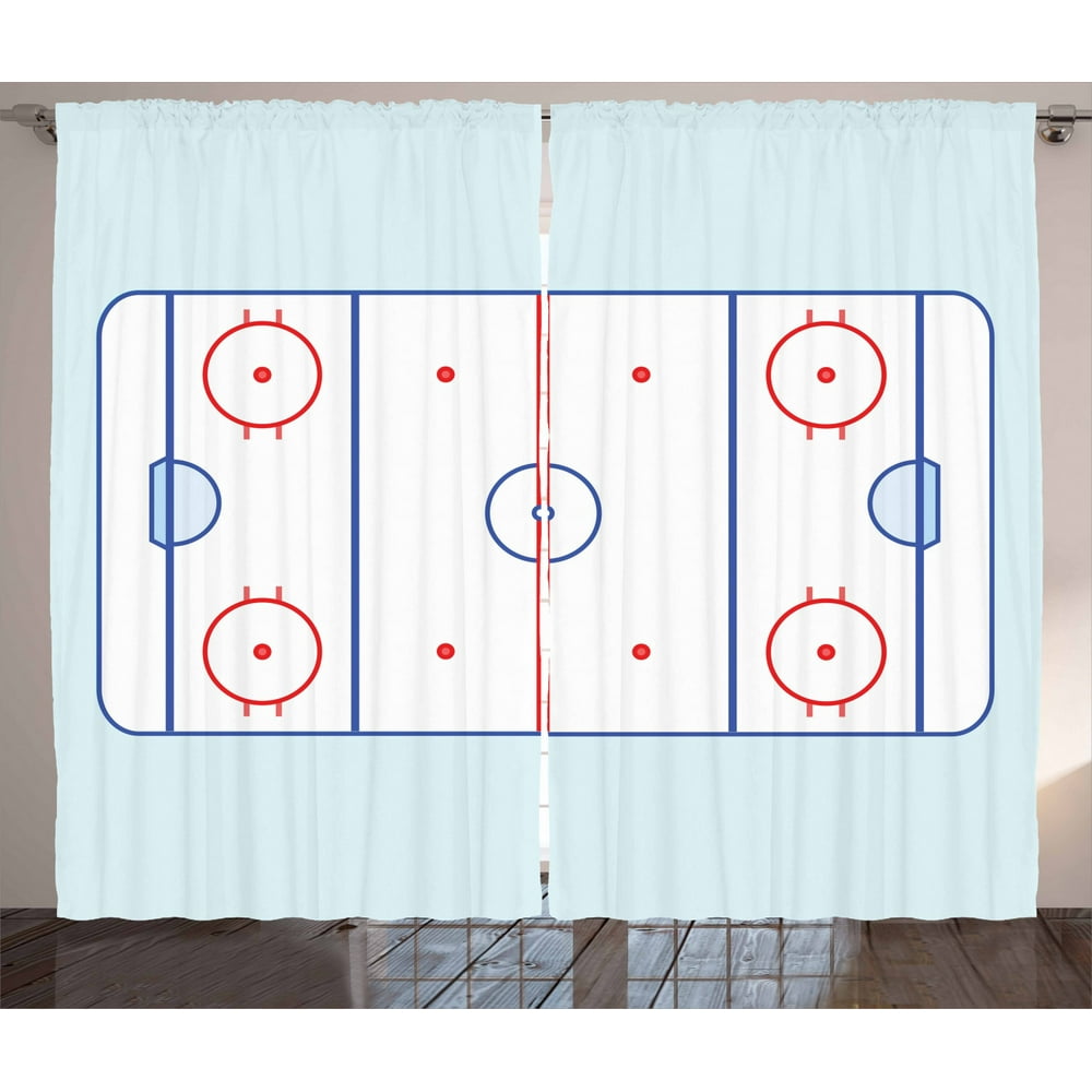 Hockey Curtains 2 Panels Set, Ice Hockey Field in Blue Tones and Red
