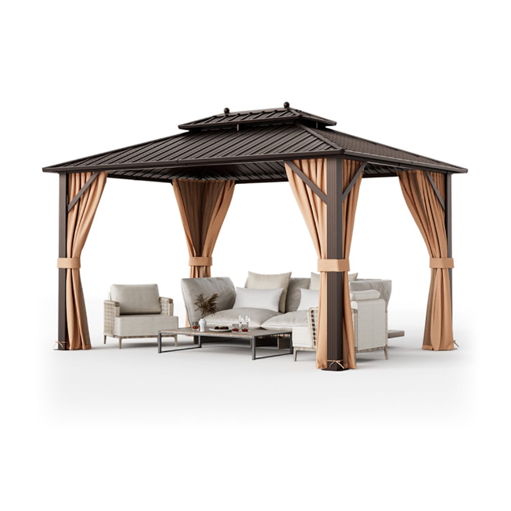 Aimee Lii 10x13ft Double-Roof Patio Hardtop Gazebo with Galvanized Steel Roof Netting and Curtains, Canopy Gazebo for Party BBQ Events, Coffee