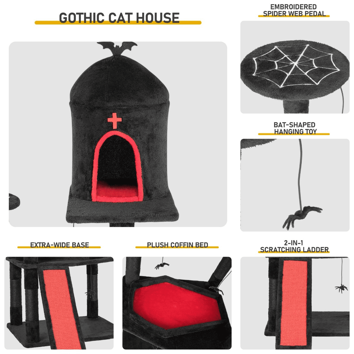 Tcbosik 52.65" Tall Cat Tree with Coffin Bed & Spider-Web-Pattern Perch, Large Cat Tower for Indoor Cats, Multi-Level with Gothic Condo, Hanging Spider Toys, Sisal Scratching Posts & Ramp, Black+Red