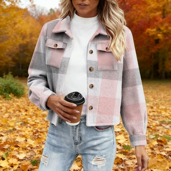 XUNKUSGA Cropped Women Jackets Fashion Plaid Flannels Shackets for Women Casual Button Down Long Sleeve Lapel Collars Fall Clothes with Pocket S-2XL Pink