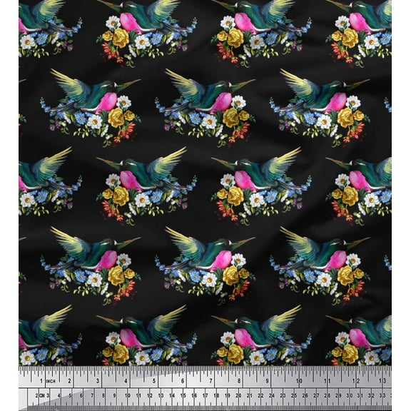 Soimoi Black Cotton Duck Fabric Leaves,Floral & American Robin Bird Decor Fabric Printed BTY 42 Inch Wide