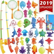 Kids Fishing Bath Toys Game - Magnetic Floating Toy Magnet Pole Rod Net, Plastic Floating Fish - Toddler Education Teaching and Learning Colors Ocean Sea Animals 3 Year Old