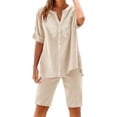 thumbnail image 2 of Womens Summer Linen 2 Piece Set Embroidered V Neck Button Shirt and Knee Length Casual Shorts Beach Vacation Outfits Khaki S, 2 of 7