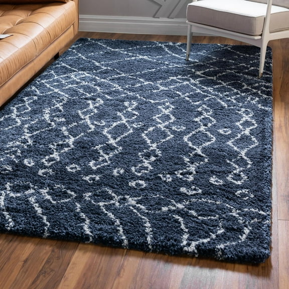 Unique Loom Rabat Shag Collection Area Rug - Geometric (5' 1" x 8' Rectangle Navy Blue/Ivory)