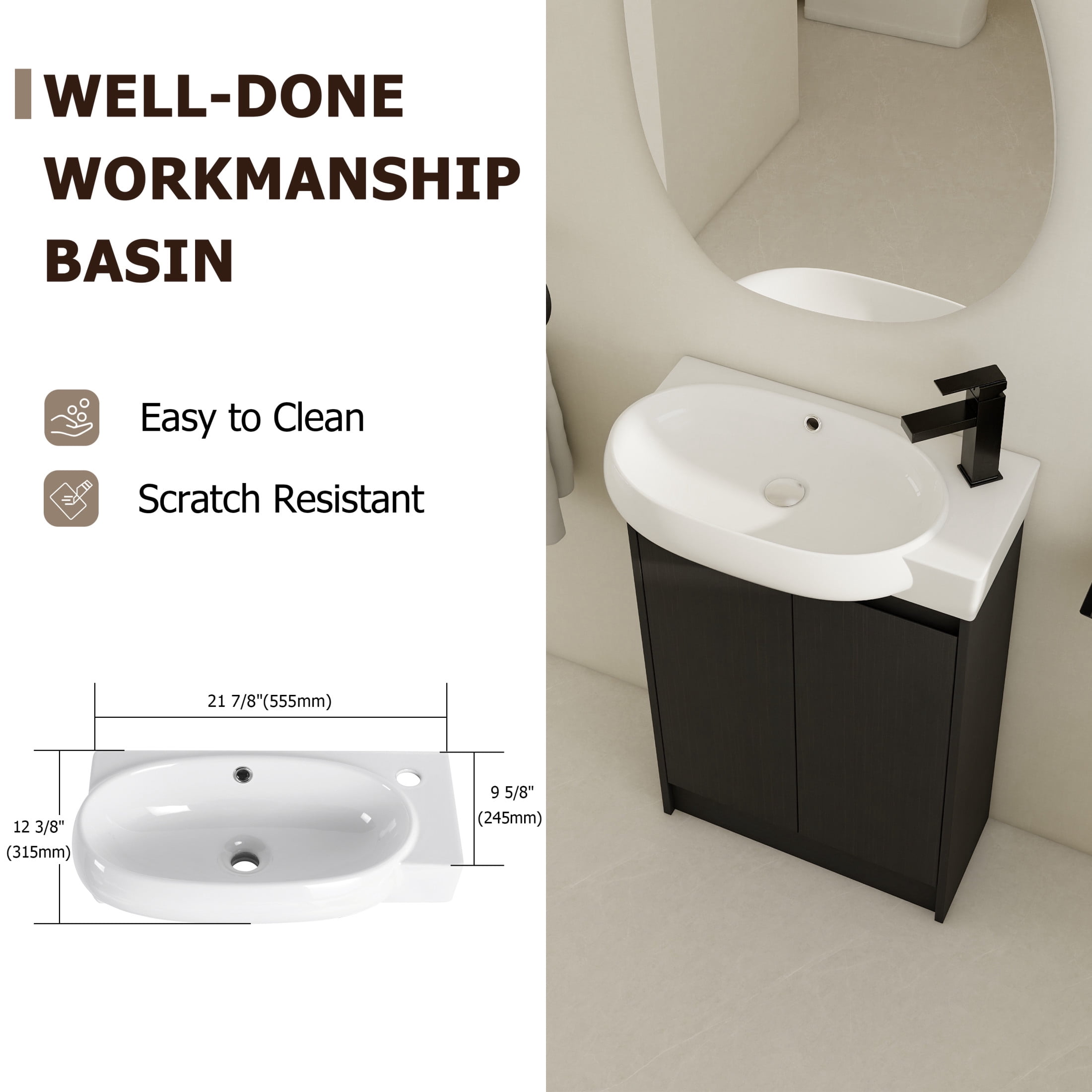 Noble House 23" Freestanding Bathroom Vanity with Sink, Soft Close Doors, Modern Storage Cabinet for Small Bathroom or Powder Room, Black Chestnut