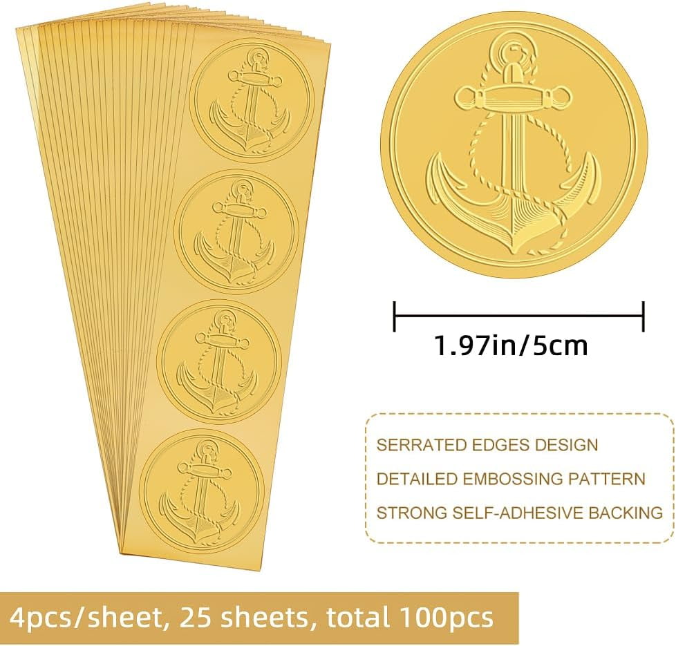 2" Anchor Stickers Gold Envelope Seals Sea Summer Beach Ocean Embossed 100pcs Foil Seals Self Adhesive Stickers Label for Wedding Invitations Packaging DIY