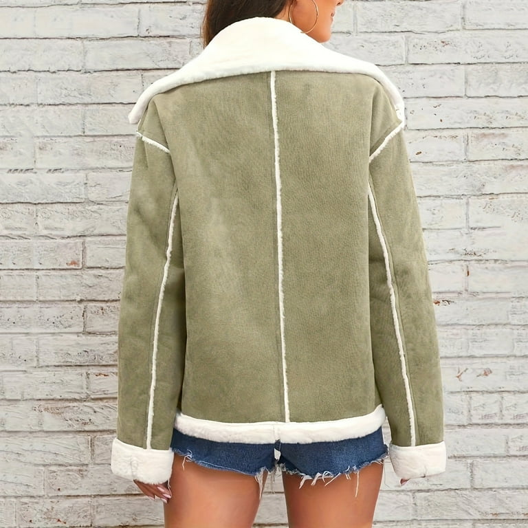 Faux-Suede Jacket Women Sherpa Fleece Lined Winter Coat Notched