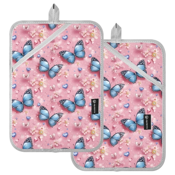Ryvnso Butterfly Blue Pattern Oven Mitts Heat Resistant Pot Holders Set of 2 Hot Pads