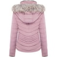 thumbnail image 2 of BodiLover, Women's, Winter Quilted Puffer Short Coat High Collar Jacket with Removable Faux Fur Hood Zipper Vegan Leather Piping, Chocolate, M, 2 of 3