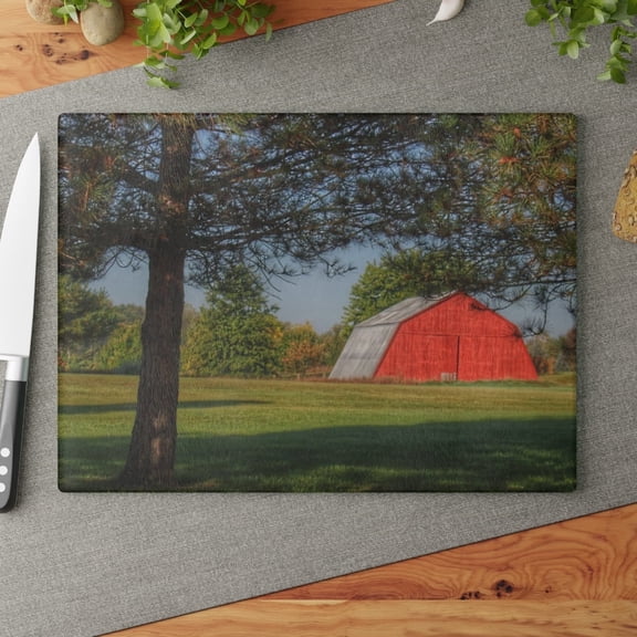 U R There Photography Peppermill Road Hidden Red Rustic Farmhouse Tempered-Glass Cutting Board 11"x 15"
