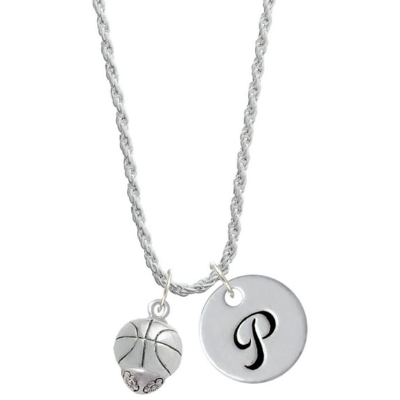 Delight Jewelry Silvertone Antiqued Basketball Spinner Silvertone Script Initial Disc - P - Charm Necklace, 20"+3"