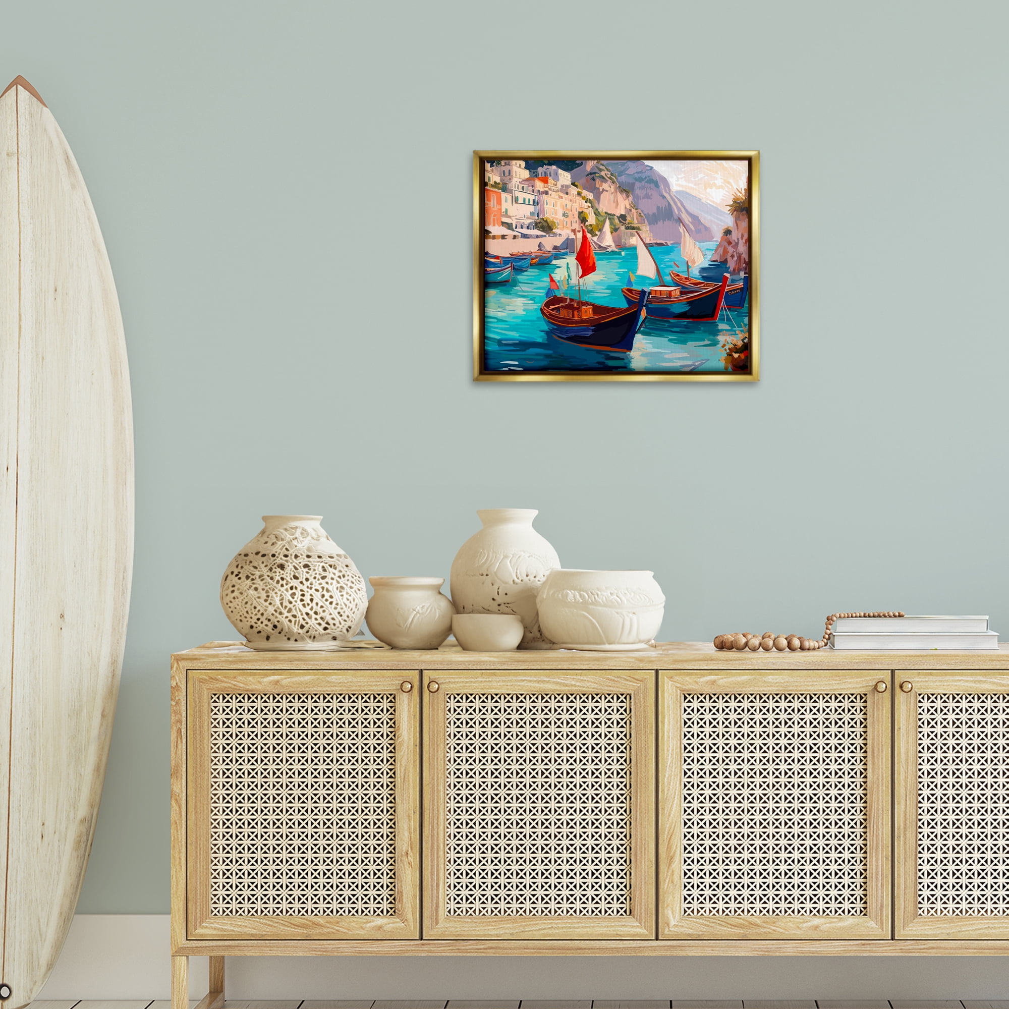 Stupell Industries Capri Boat Marina View Nautical & Beach Painting Gold Floater Framed Canvas Art Print Wall Art, 21 x 17