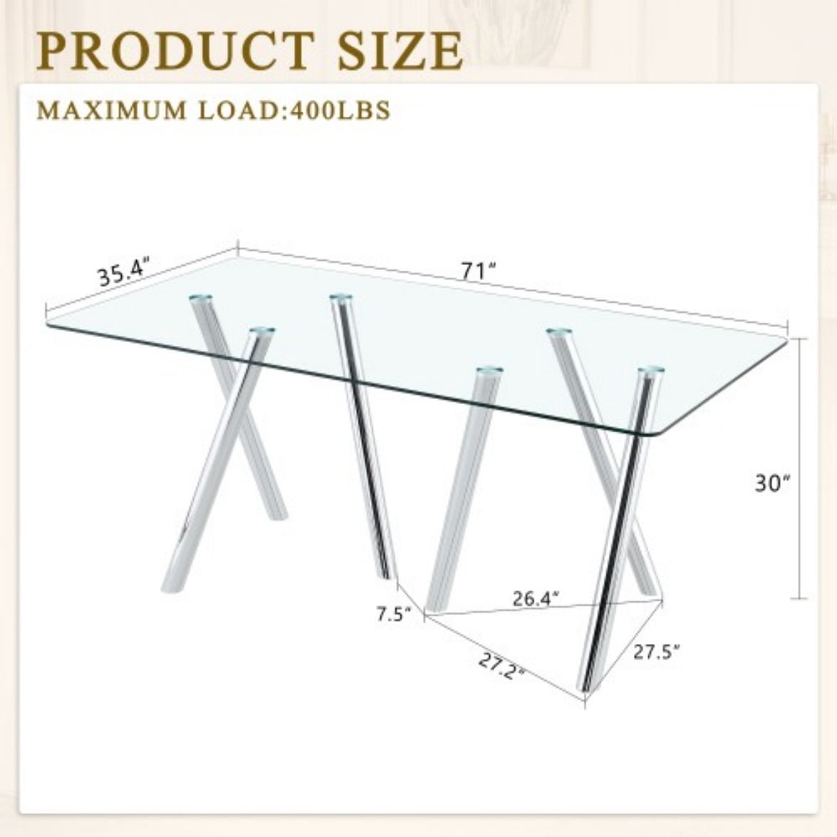 71" Tempered Glass Dining Table, Modern Large Kitchen Table with Sturdy Metal Legs, Round Edge Dining Room Table for Home & Family, Silver