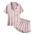 thumbnail image 2 of Abcomgle Girls Summer Pajamas Size 10-12 Bownot Print Girls' Sleepwear Silk Button Down Short Sleeve Tshirt with Ruffle Pajama Shorts Girls Preppy Summer Pajamas for Kids 14-15 Years,Pink, 2 of 7
