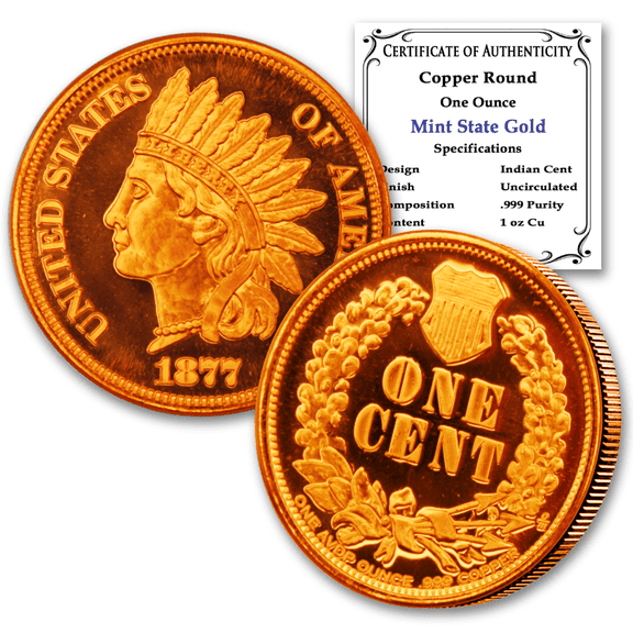1 oz. Copper Round .999 Pure - Indian Cent Design with Certificate of Authenticity