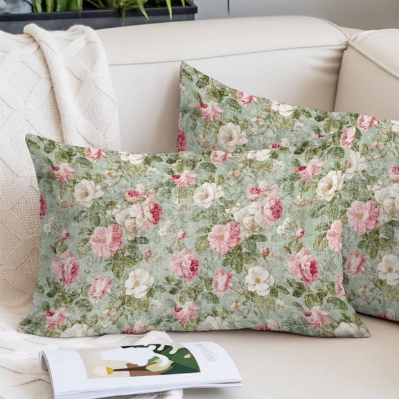 White Pink Flower Pillow Covers Queen, Shabby Chic Spring Vintage Leaf Green Soft Brushed Microfiber Breathable Throw Pillow Covers, Pillowcase with Zipper for Couch Sofa Bedroom Living Room 20"x30"