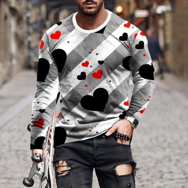 Qertyioot T-Shirt à Manches 3/4 à Col Rond pour Homme, Chandail Décontracté à Manches Longues, Blouse Imprimée de la Saint-Valentin