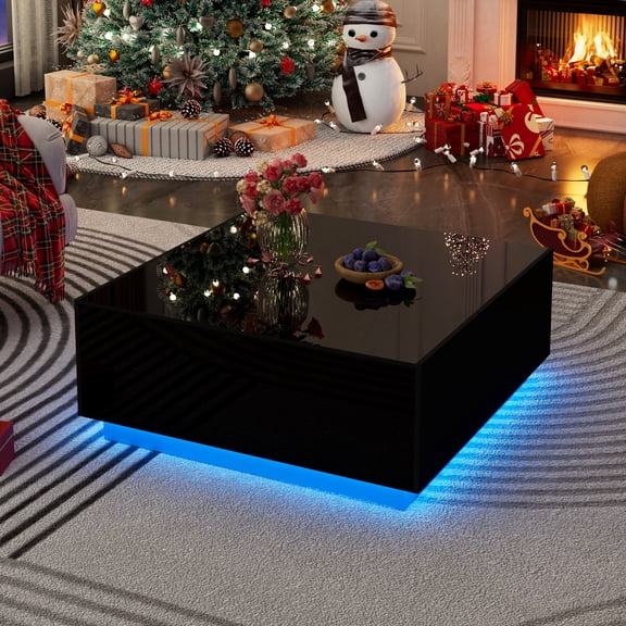 Aphthongs 43.3 Inch Coffee Table with LED Lights, High Glossy Center Table with 2 Storage Drawers