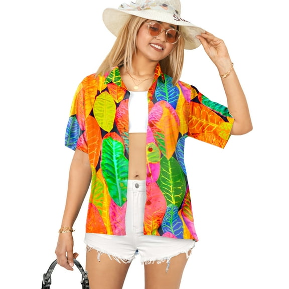 LA LEELA Button Down Shirt for Women Casual Summer Beach Party Short Sleeve Blouse Shirt Hawaiian TShirts Dress Tops Tee Shirts Blouses for Women S Colorful Leaves, Multicoloured