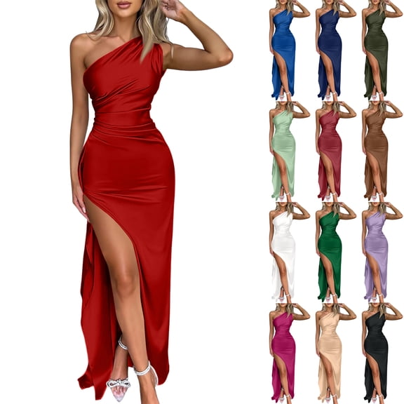 Laqbezok Women's Sexy One Shoulder Satin Maxi Dress, Sleeveless Backless Ruched Bodycon Gown, Elegant High Split Party Outfit for Cocktail Wedding Guest