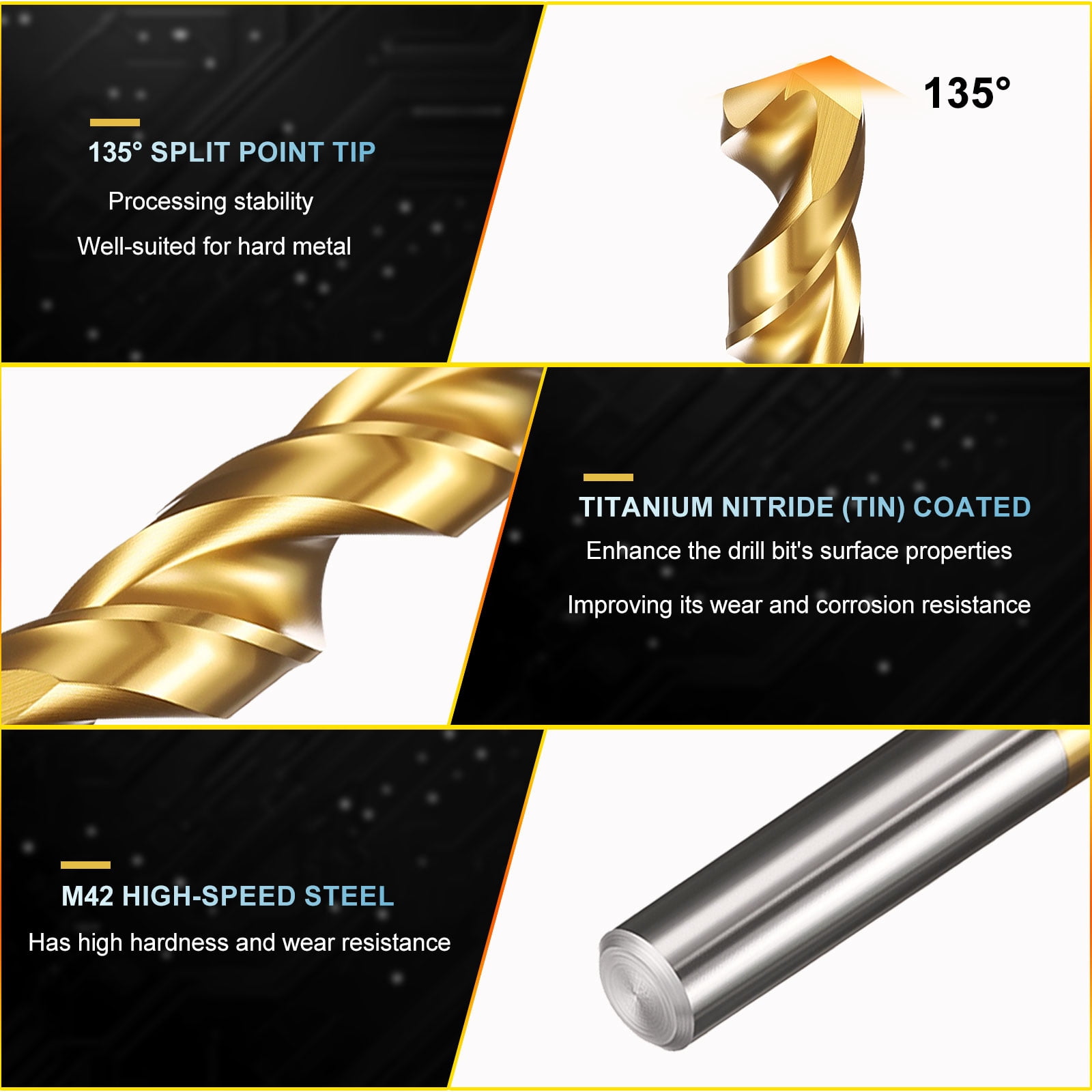 Uxcell 12.5mm Drill Bit, M42 8% Cobalt High-Speed Steel Jobber Straight Shank 135° Titanium Nitride (TiN) Coated for Hard Metal Stainless Steel 6 pack