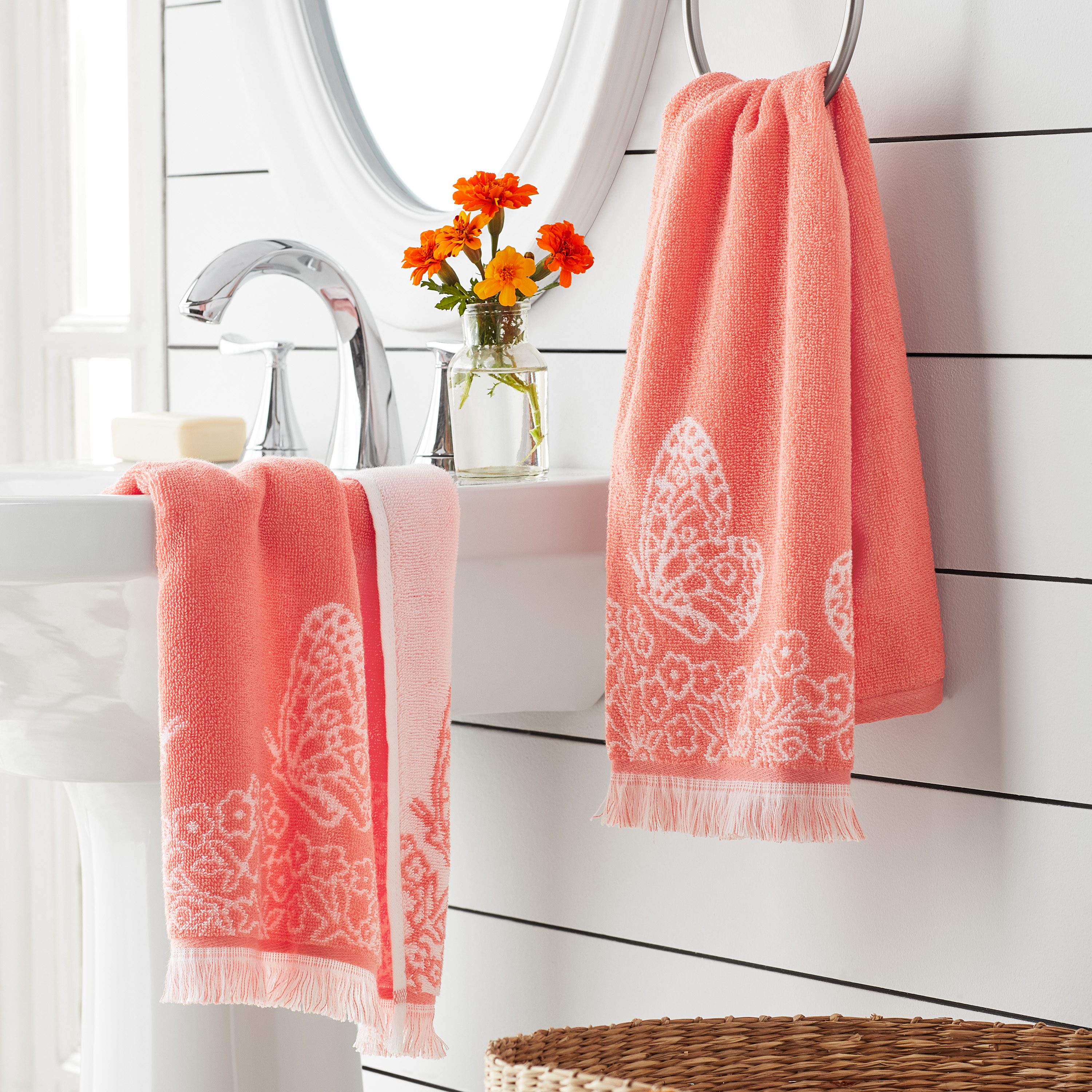 The Pioneer Woman Butterfly Garden 2-Pack Cotton Hand Towel Set, Coral Bell - image 3 of 5