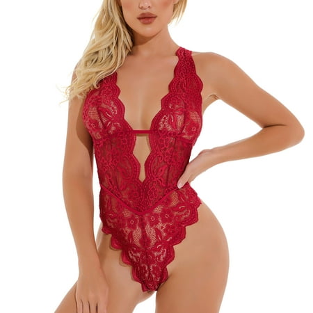 

Women Sexy Lace One-Piece Lingerie Babydoll Deep V Teddy Bodysuit Please buy one or two sizes up