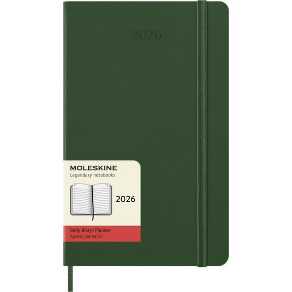 Moleskine, Moleskine Large Hard Cover Myrtle Green 12 Month 2026 Daily Planner, 5.25'' X 8.3'', 12-Month Calendar with Stapled Binding