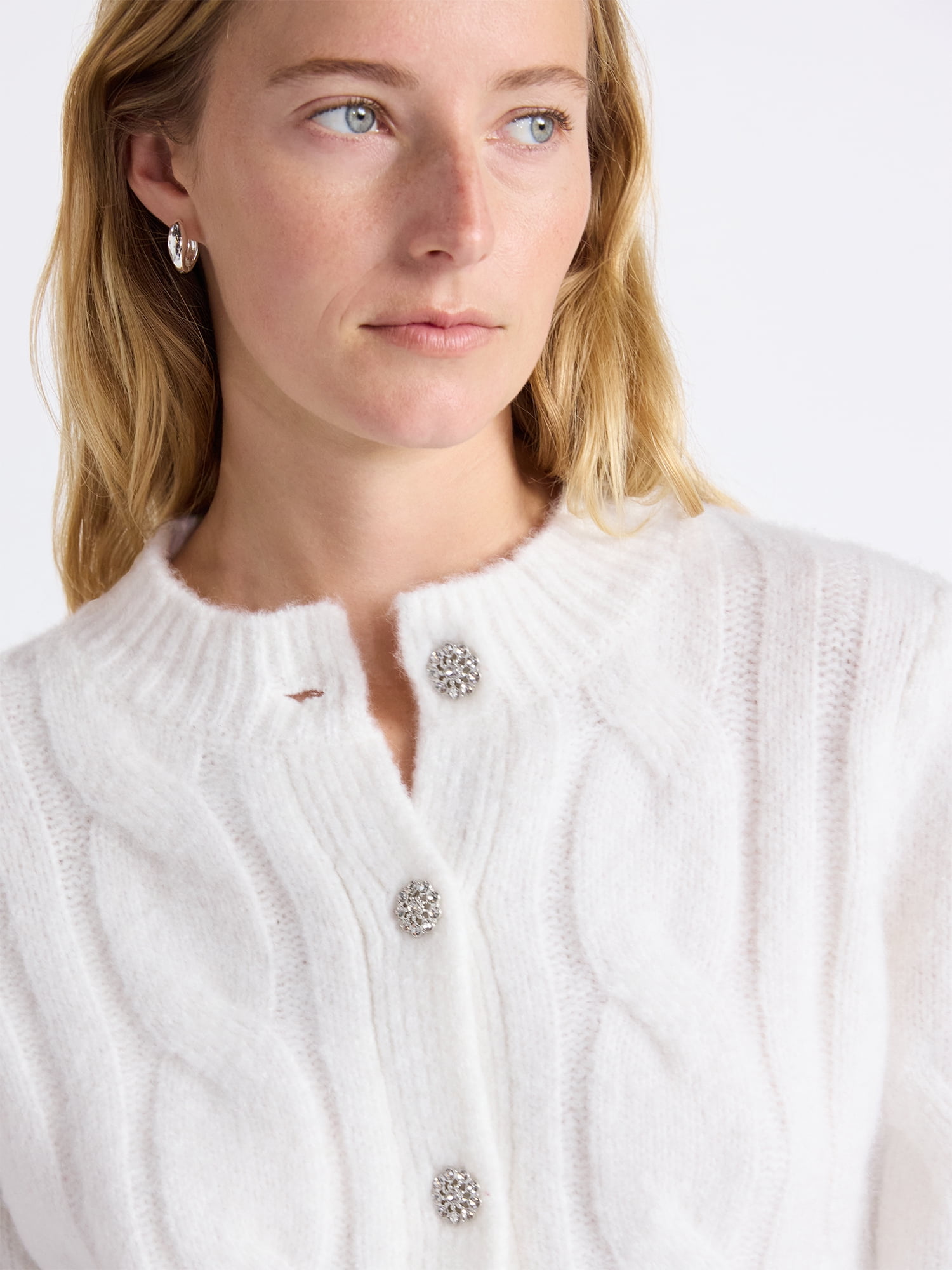Free Assembly Women's and Women's Plus Cable Cardigan with Short Puff Sleeves, Sizes XS-4X