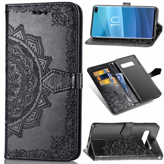 Galaxy S10 Plus Wallet Cases and Covers, Allytech Slim Premium PU Flip Stand Cover Mandala Embossed Full Body Protection with Card Holder Magnetic Closure for Samsung Galaxy S10 Plus, Black
