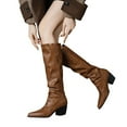 thumbnail image 5 of Xfvqtps Womens Slouchy Mid Calf Boots Western Style Round Toe Chunky Heel Pull on Booties Casual Fashion Fall Winter Boots for Women Brown, 5 of 6