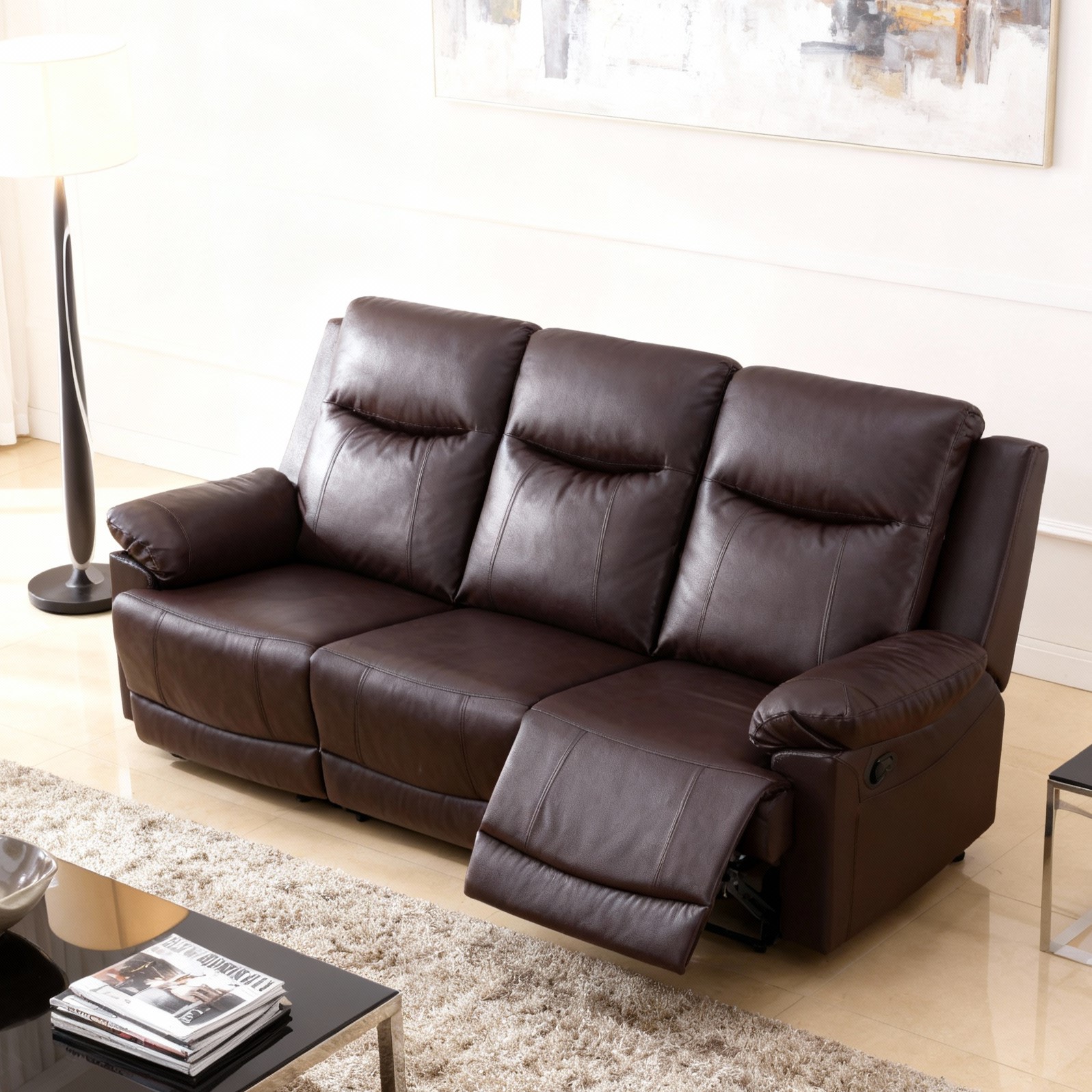 Gewnee Brown 3-Seater Sofa, Air Leather & High-Elastic Sponge, Adjustable Recline, Perfect for Living Rooms