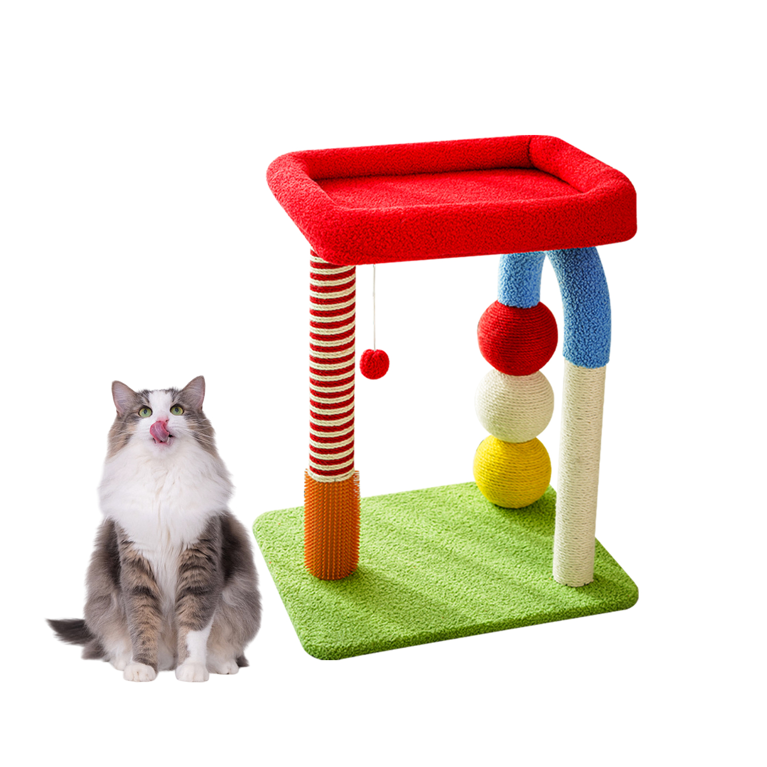 Small U-Shaped Cat Tree- Sisal Rope Scratching Post, Toy Ball, Cat Self-Groomer, Top Perch for Small/Medium Cats, Multi-Cat Homes-Colorful（24in）